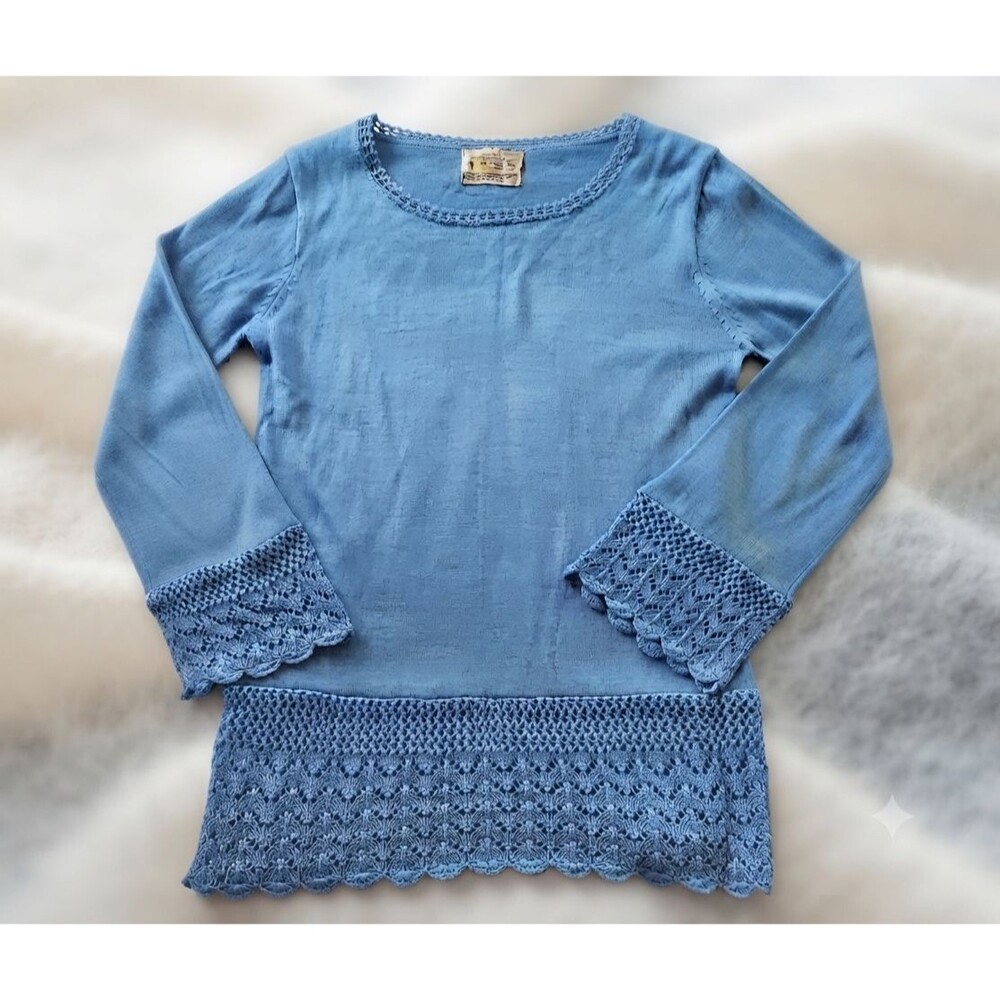 Vintage Sweater Bee by Banff Women’s M Blue Crochet Lace Trim 70s 80s Boho Knit